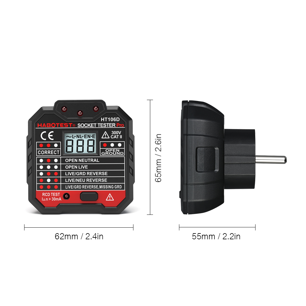 Black CATII 300 Wall Polarity 90 Voltage RCD Socket Tester