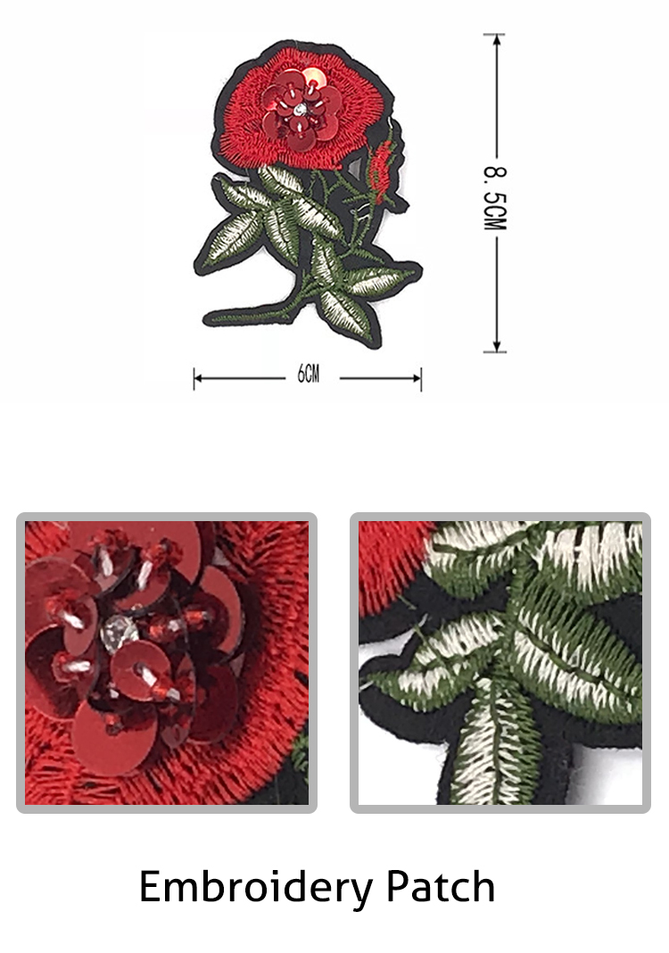 Handmade Rose Embroidery Patch , Flower Sew On Patches With Red Applique
