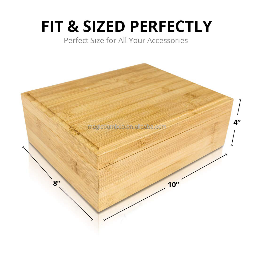Modern Design Style Bamboo Square Box With Lid And Lock To Store Tobacco Tea Jewelry 25.4x 20.1 x 10.1 CM