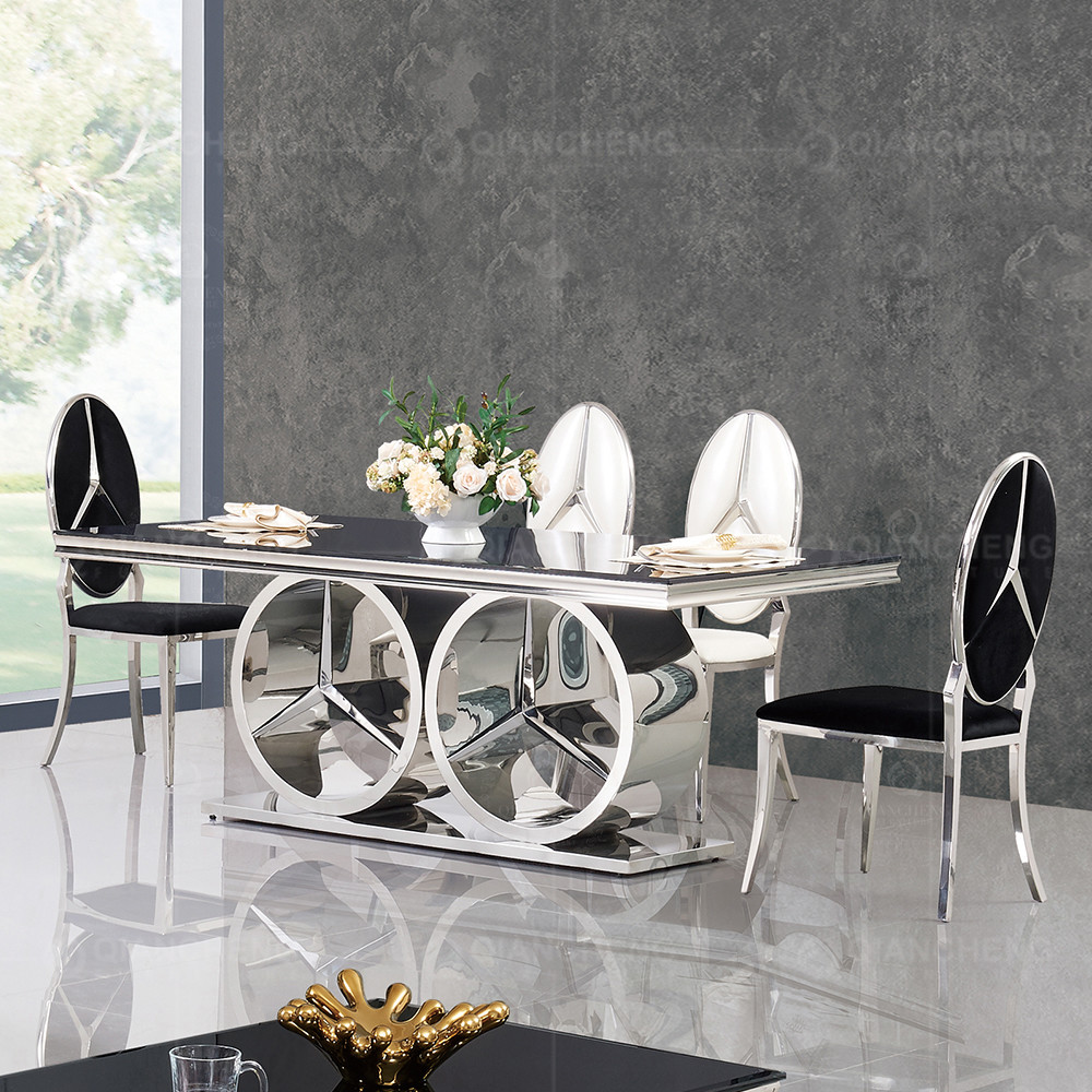 160kg Stainless Steel Dining Table Set Marble Top 78inchx40inchx30inch