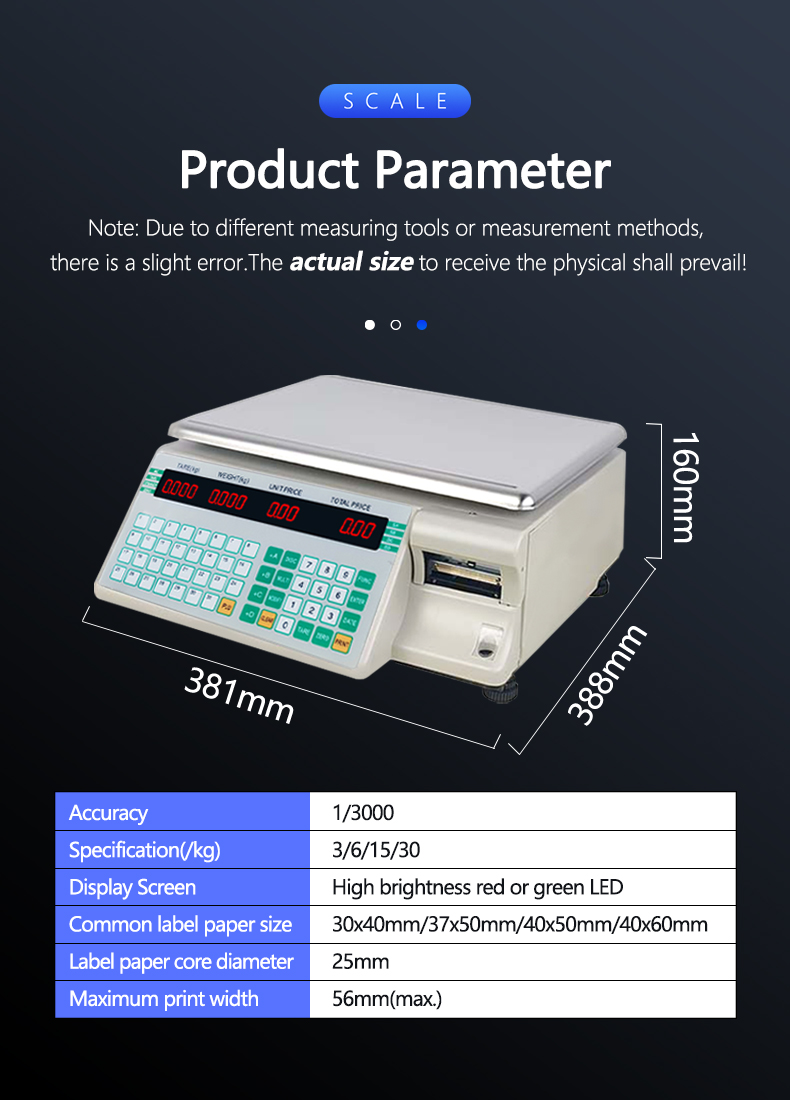 Supermarket 3kg Digital Computing Scale with Barcode Label Printing and Paper Roll Holder