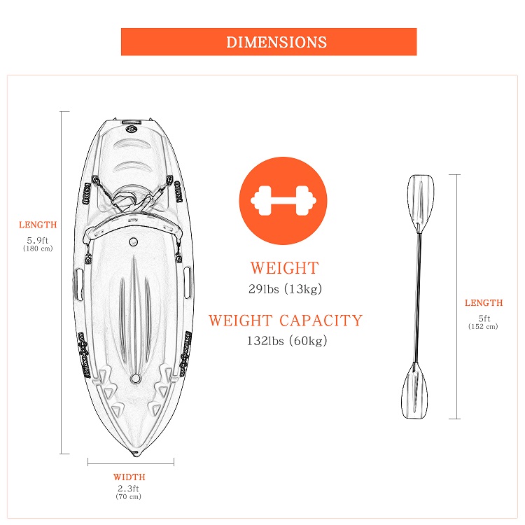 WOOWAVE Canoe Kayak Fishing for Kids Package Size 181*71*24cm Load Capacity 60kgs/132lbs