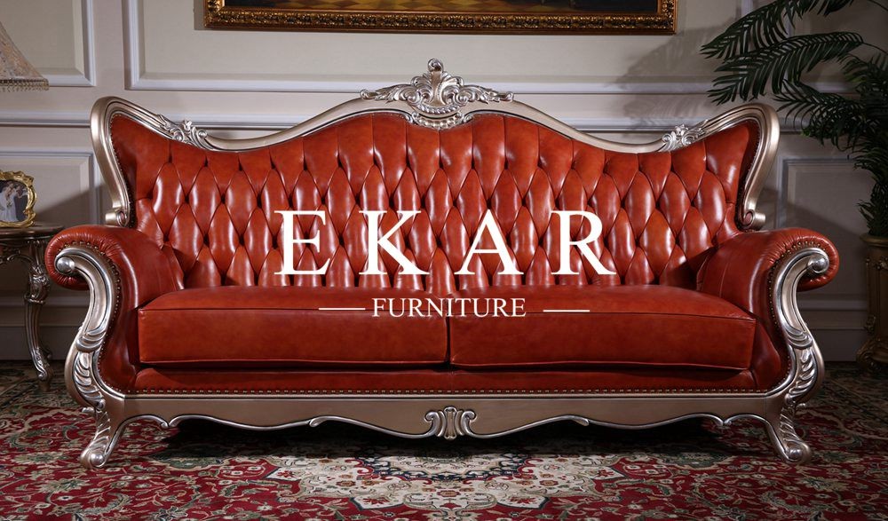Luxury Carved Sofa Set Antique Style Red Chesterfield Sofa Leather LS-A806T