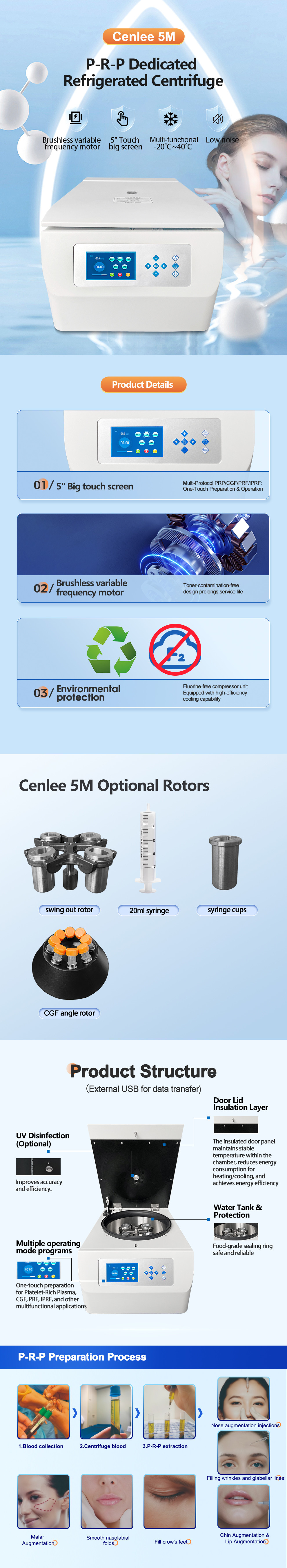 CenLee 5M PRP PRF Platelet Rich Fibrin Bench Top Low Speed Blood Plasma Centrifuge with 5-inch Touch Screen and Buttons