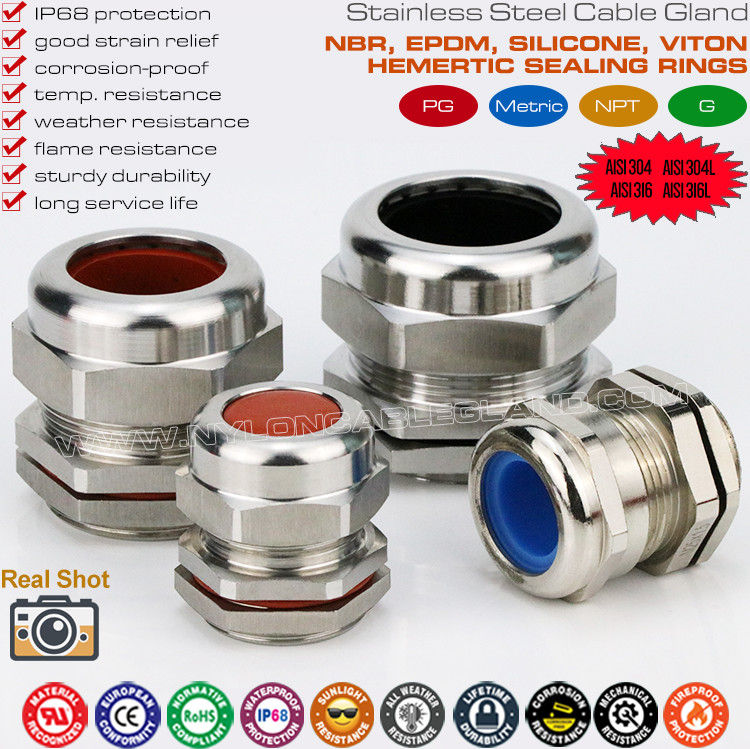 Rustless Cable Glands Thread Metric & PG Waterproof IP68 Stainless Steel SUS304, SUS316 and SUS316L