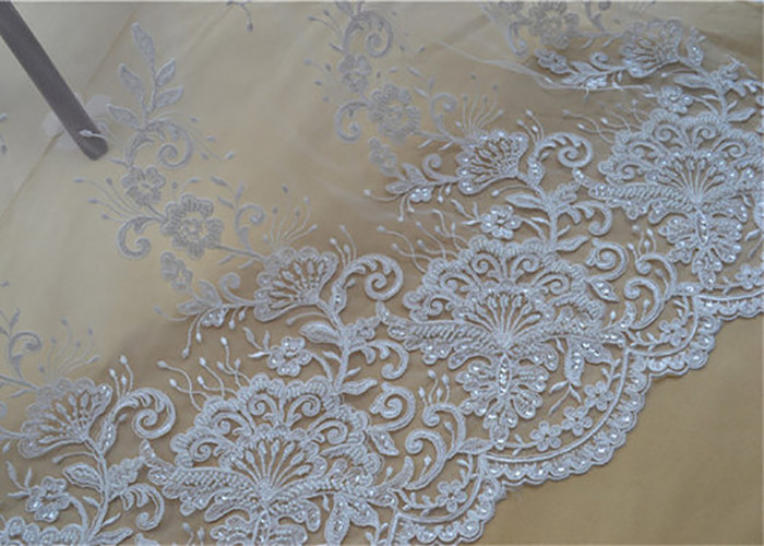 Floral Embroidery Corded Lace Fabric , Bridal Sequin Mesh Fabric With Scalloped Edge