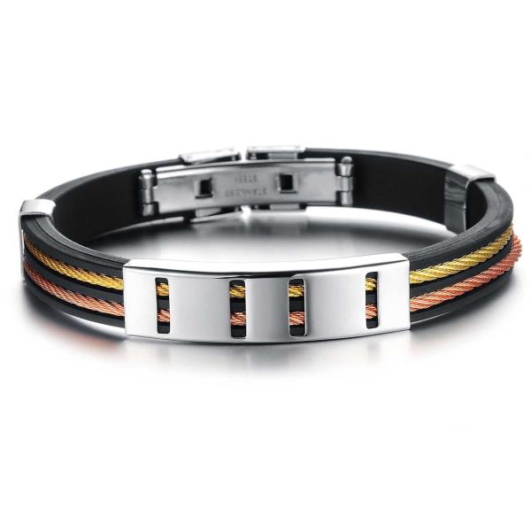 Tagor Stainless Steel Jewelry Super Fashion Silicone Leather Bracelet Bangle