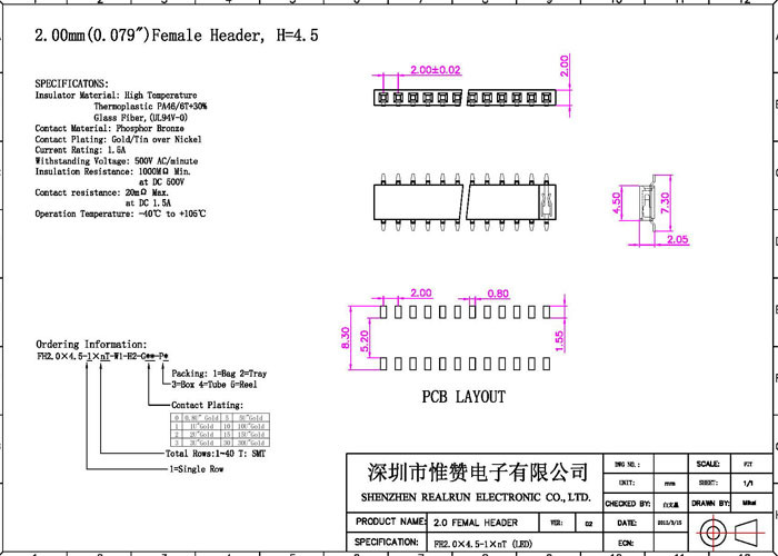 Surface Mount Pin Header Black 2.0mm Pitch Single Row 5 Pin Female Header