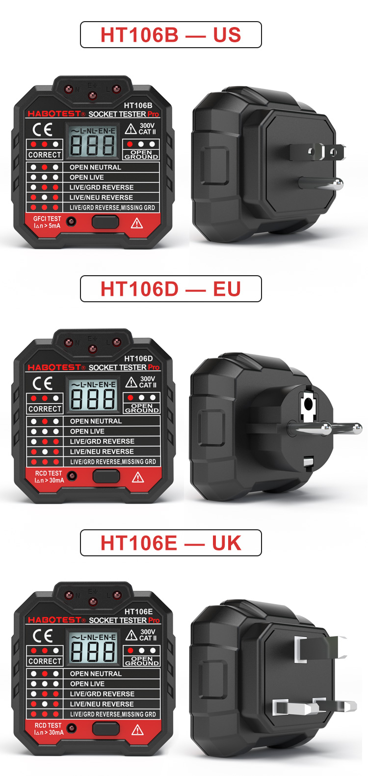 HABOTEST Wall Socket Tester 90~230V Voltage Measurement LED Indication With RCD Test