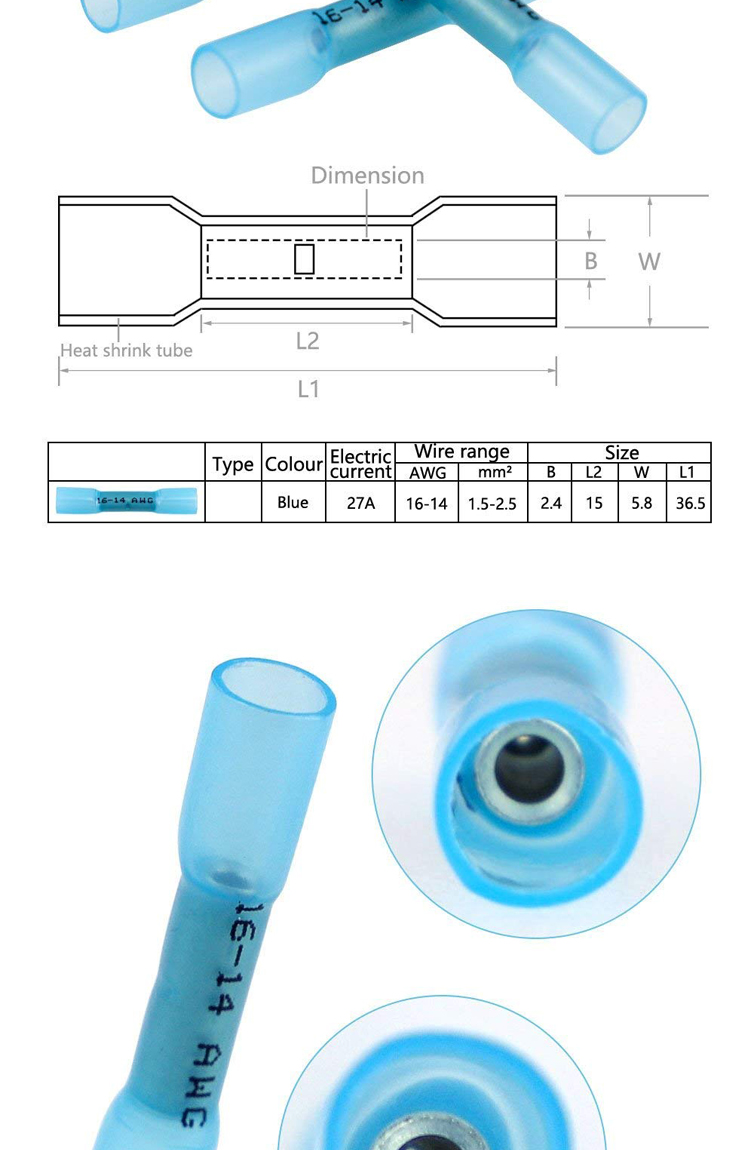 AWG 16 - 14 HDPE insulated wire connector , Heat Shrink Butt Connector Terminal Kit