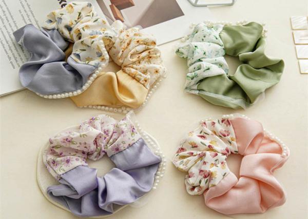 Summer patchwork acrylic beads color floral satin beaded hair scrunchies hair