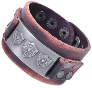 China Shield charm leather cuff with dots studs, men leather bracelets wholesale