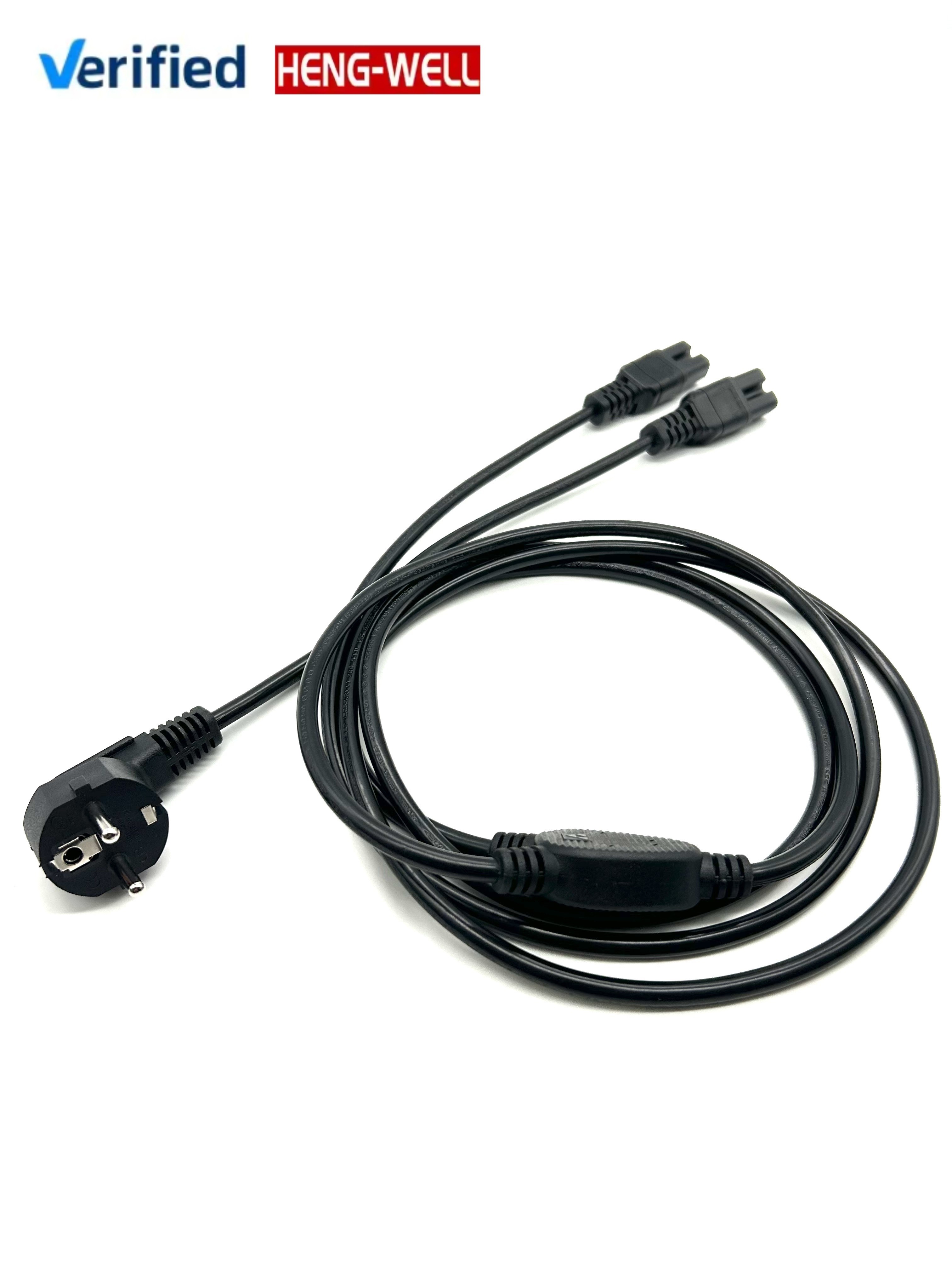 16A 250V Current Rating EU Plug to IEC C15 *2 AC Power Extension Cord with 100% Copper Connector Type in Black Red/Yellow