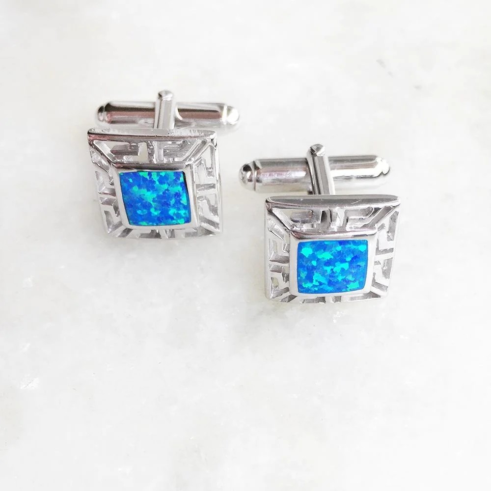 925 With Sterling Silver Greek Bule Opal Meander And Emerald Square Cufflink Earrings