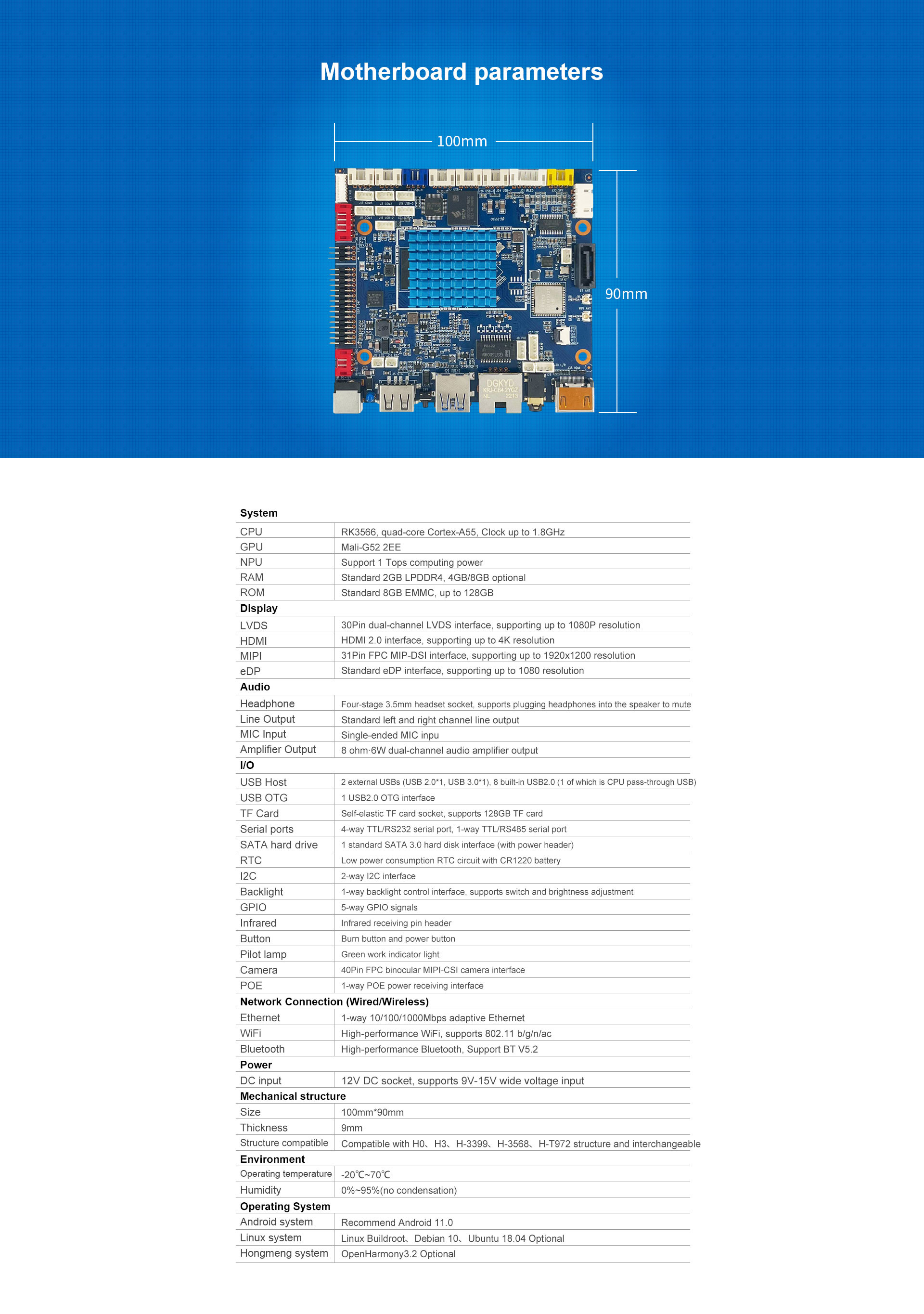 H-3566 Smart HMI Mainboard RK3566,quad-core Cortex-A55,Clock up to 1.8GHz Standard 8GB EMMC