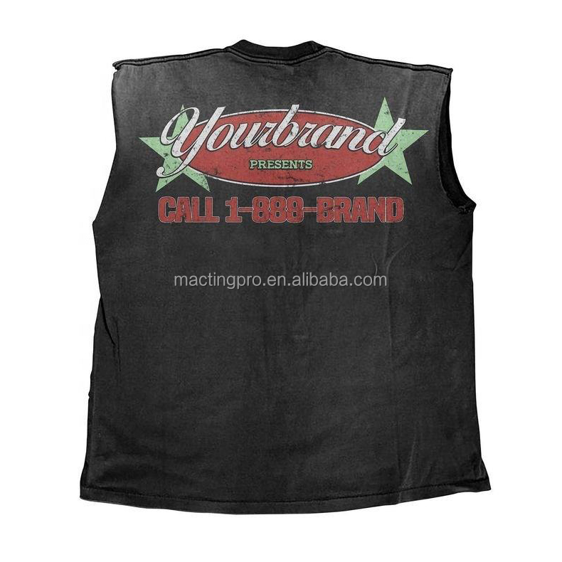 Support Customized Logo Sun Faded Acid Wash Vintage Sleeveless T shirt and Shorts Set