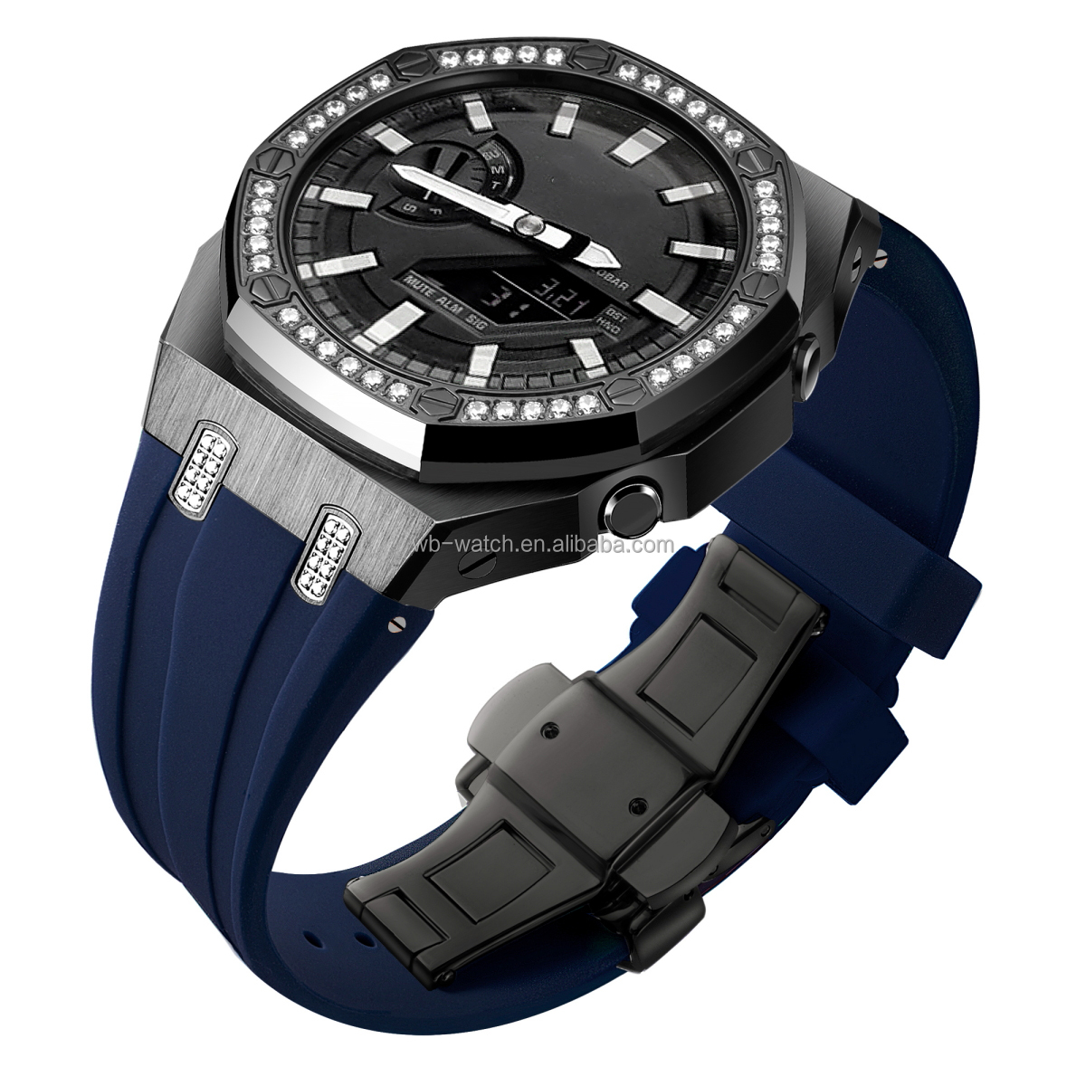 Casio Watch Modified Case Stainless Steel Diamond Watch Case And Silicone Strap Combo