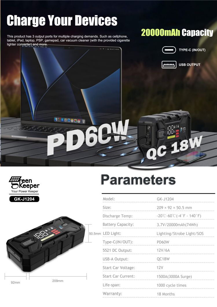 Emergency Car Battery Booster Pack Total Output 65w 20000mAh Portable Power Charger