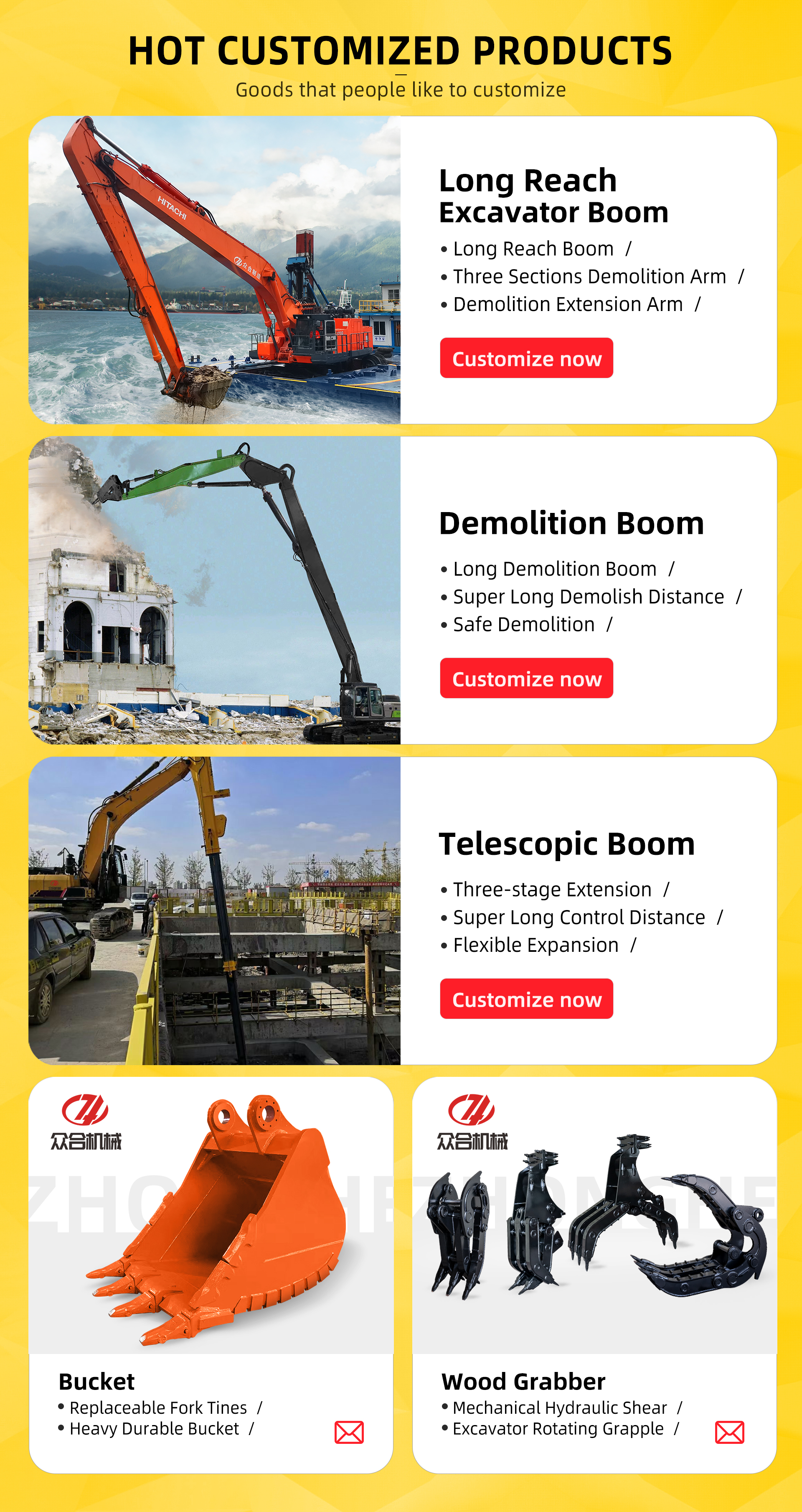 Factory Supply Excavator Telescopic Arm Two- Sections 14-16 Meters Long for 20-36 Tons Construction Machinery Attachments Construction Machinery