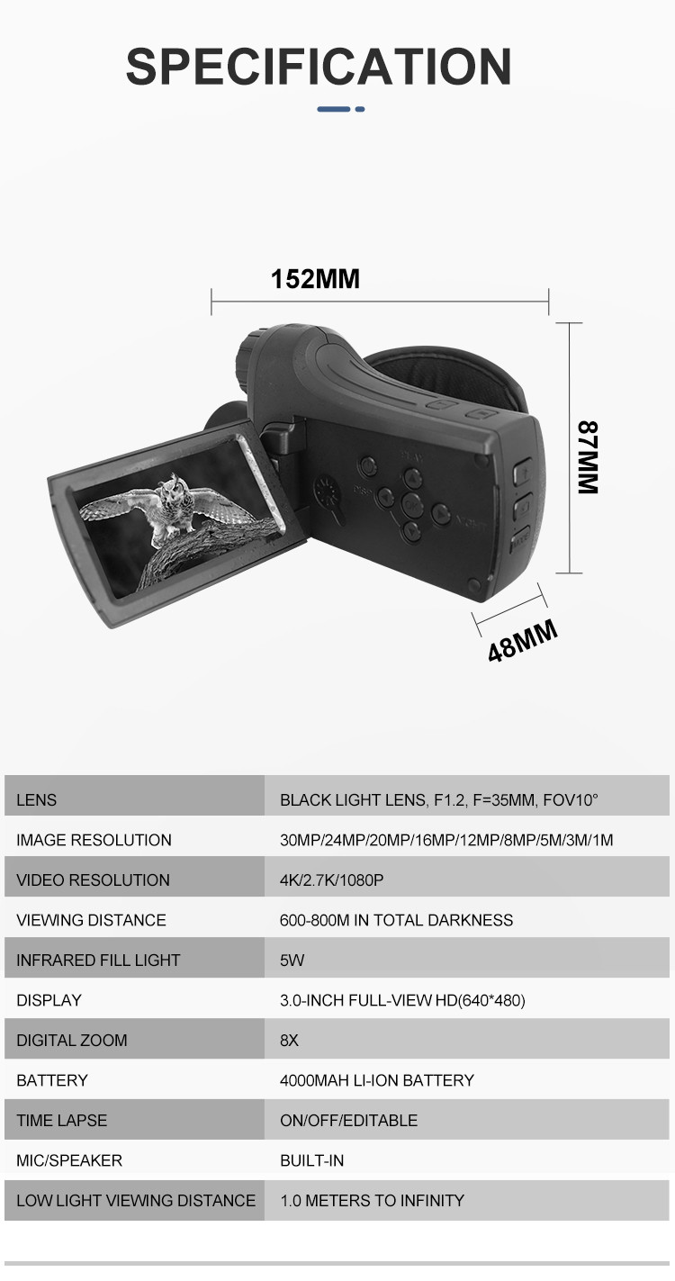 Infrared Digital Night Vision Camera handheld camera 4K HD Video 8X digital Zoom Long distance