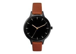 China Black Slim Quartz Stainless Steel Watch Red Genuine Leather Strap IP Plating wholesale