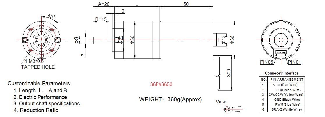 12v 24v DC Planetary Gear Motor 36PA3650 With 36mm Brushless DC Motor