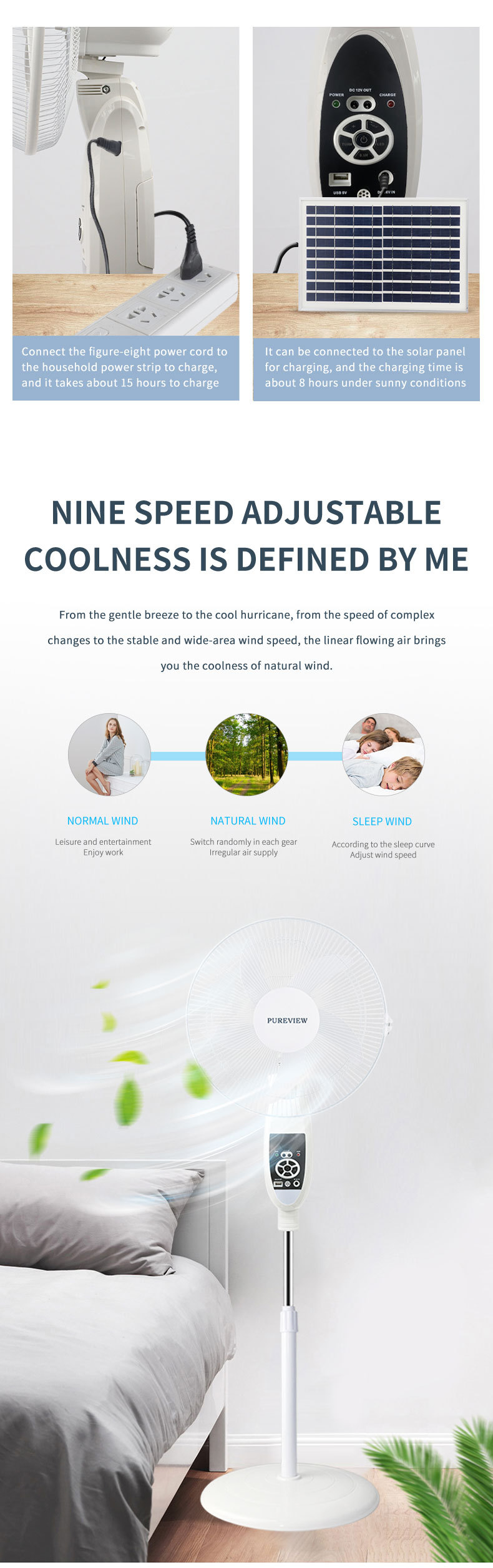 High Speed Solar Rechargeable DC Fans with Remote Control and 16 inch Electric Stand Fan
