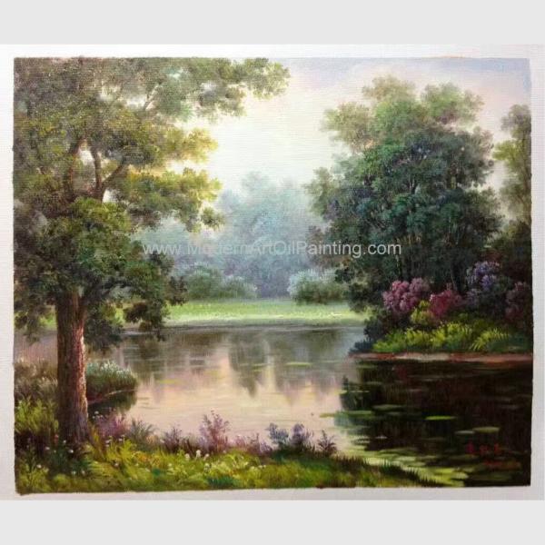 HandPainted Green Modern Contemporary Landscape Paintings Lakeside Stroll By