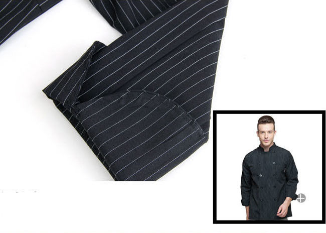 Print Logo Black Chef Uniform Full Length Vertical Pattern Design With Double Breasted Stripe