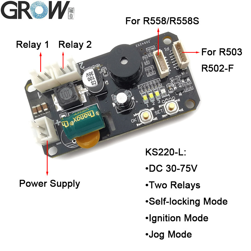 Ks220-L+R502-F DC30-75V Fingerprint Control Board 2 Relays Admin/User Funtion Self-Locking/Jog/Ignition Mode