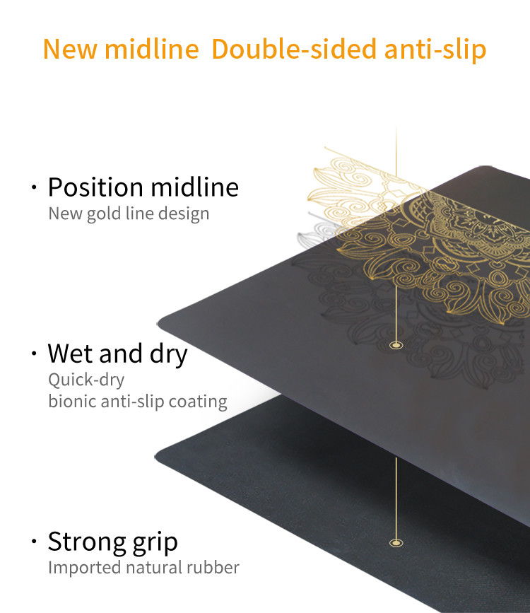 Golden Mandala With Position Line 5mm 68cm Wide PU Rubber Non Slip Yoga Mat For Pilates Fitness
