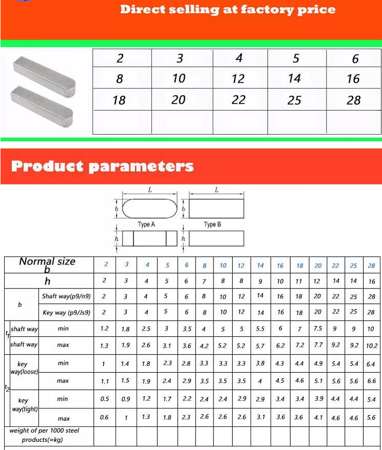 30mm35mm40mm50mm Galvanized Finish Din6885 Stainless Steel Pin Parallel Flat Shaft Key for Packaging Equipment