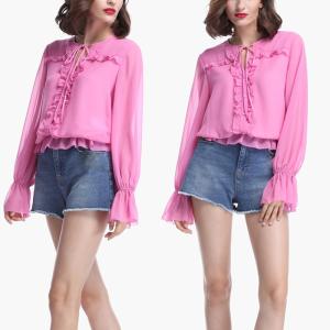 China Women Fashionable Long Sleeve Pink Blouse With Ruffles wholesale