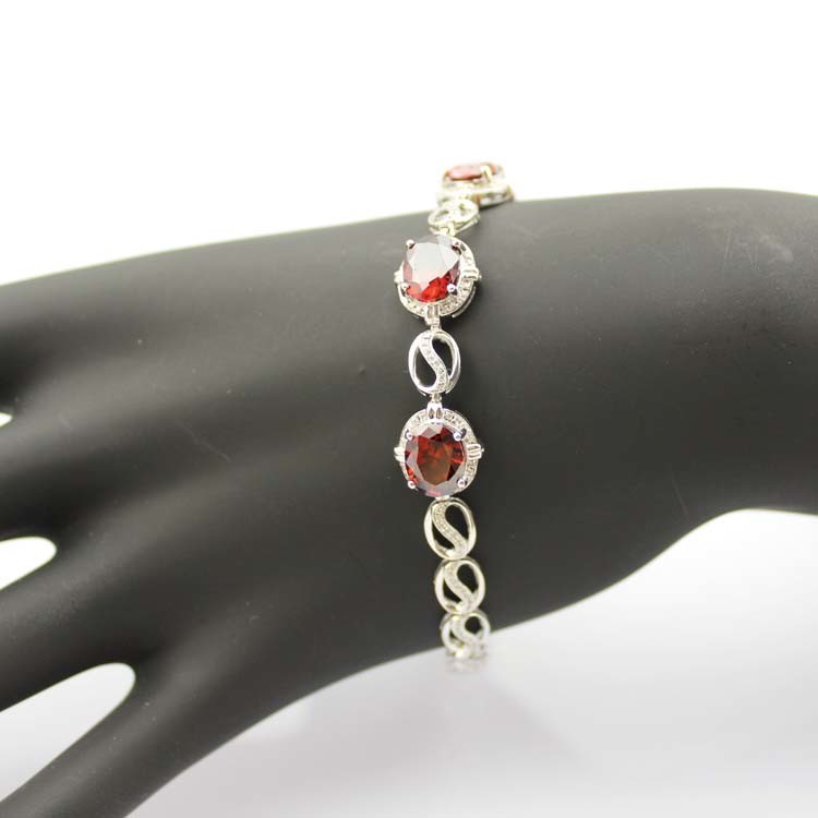 925 Sterling Silver Created Garnet CZ Diamonds Link Tennis Bracelet (H10)