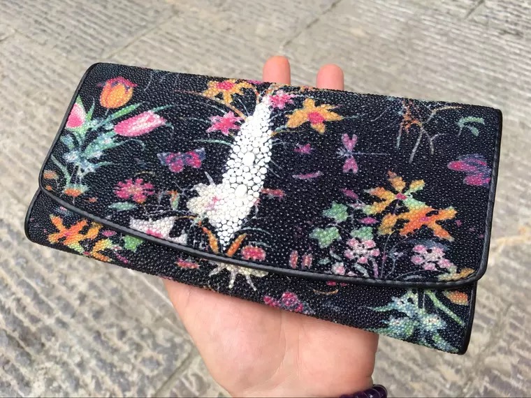 Authentic Stingray Skin Female Long Flower Trifold Wallet Genuine Leather Lady Large Clutch Bag Women Floral Coin Purse