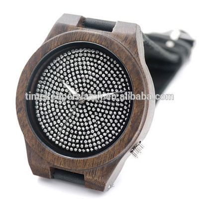 Black Natural Bamboo Wooden Watch Genuine Brown Leather Strap Full Diamond Dial