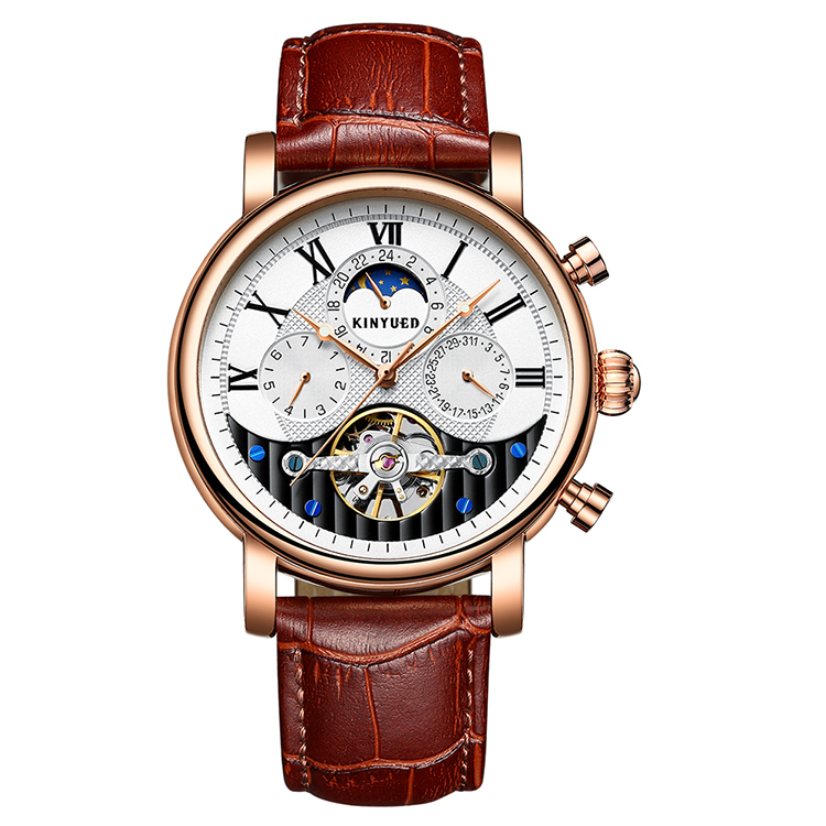 KINYUED leather tourbillion watch mechanical mens moon phase automatic mechanical watch