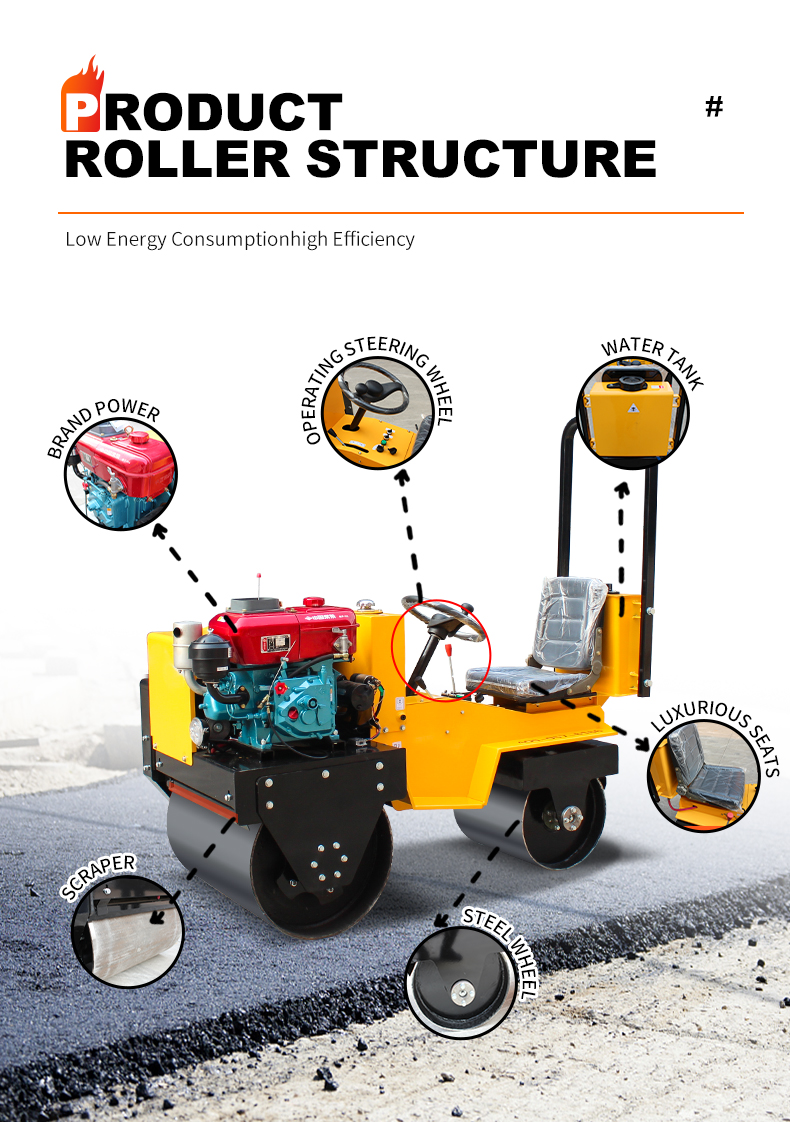Vibratory Roller 0.6 Ton Mini Double Drum Ride-On Road Roller with CF178/R180 Engine