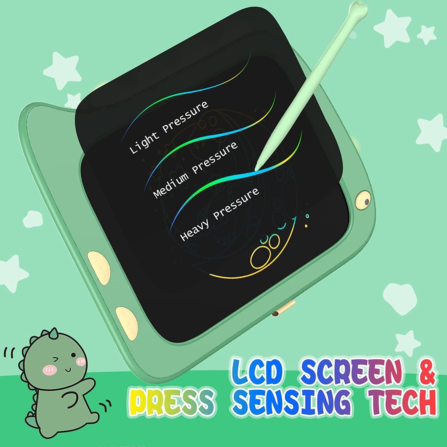 Unisex 8.5 Inch LCD Doodle Board Toy Green Dinosaur Drawing Pad for Kids 2-6 Years Old