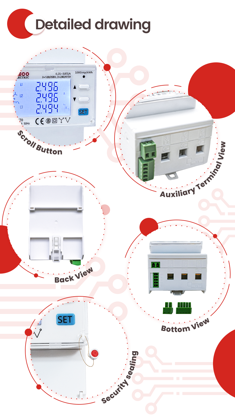 Three Phase MID Approved EM4370 3*120/208V... 3*240/415V 5 65 A Energy Meter for Solar