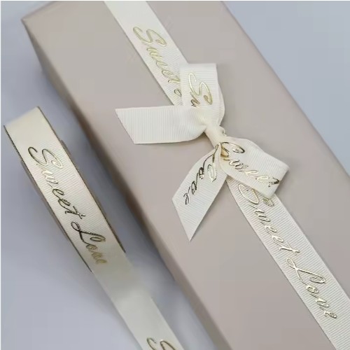 Customized Grey Shiny 3D Foil Printing Polyester Grosgrain Ribbon for Gift Packaging