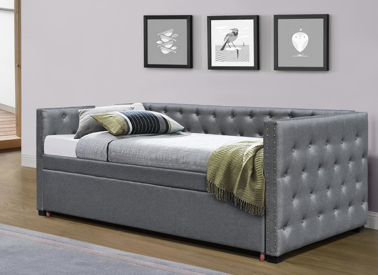 Full Size Velvet Upholstered Daybed Pull Out Trundle Bed Single Chesterfield Grey Plush