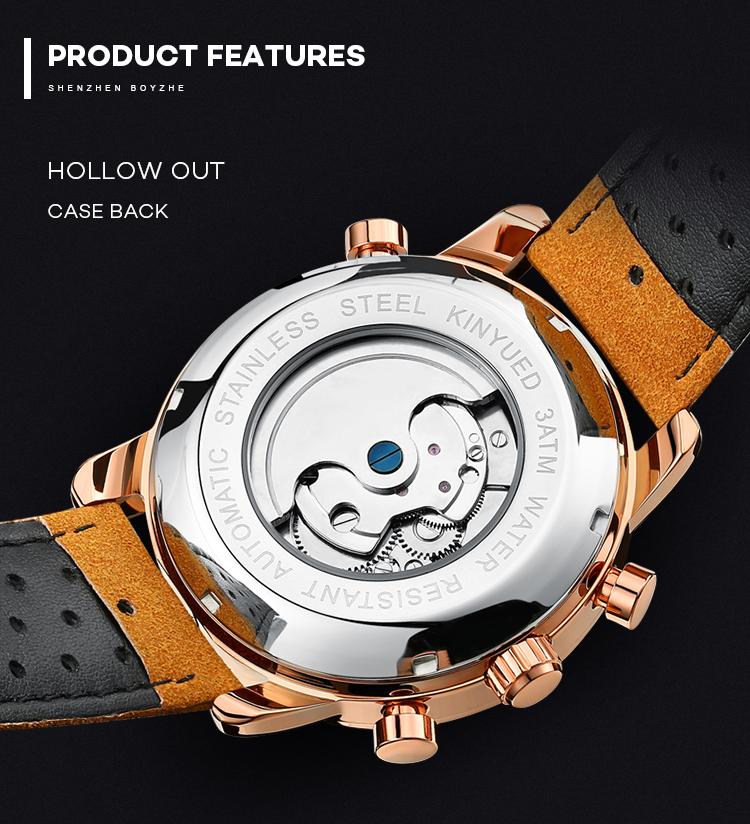 KINYUED J019-4 Private Label Black Case Black Dial Genuine Leather Auto Date Skeleton Automatic Mechanical relogio masc
