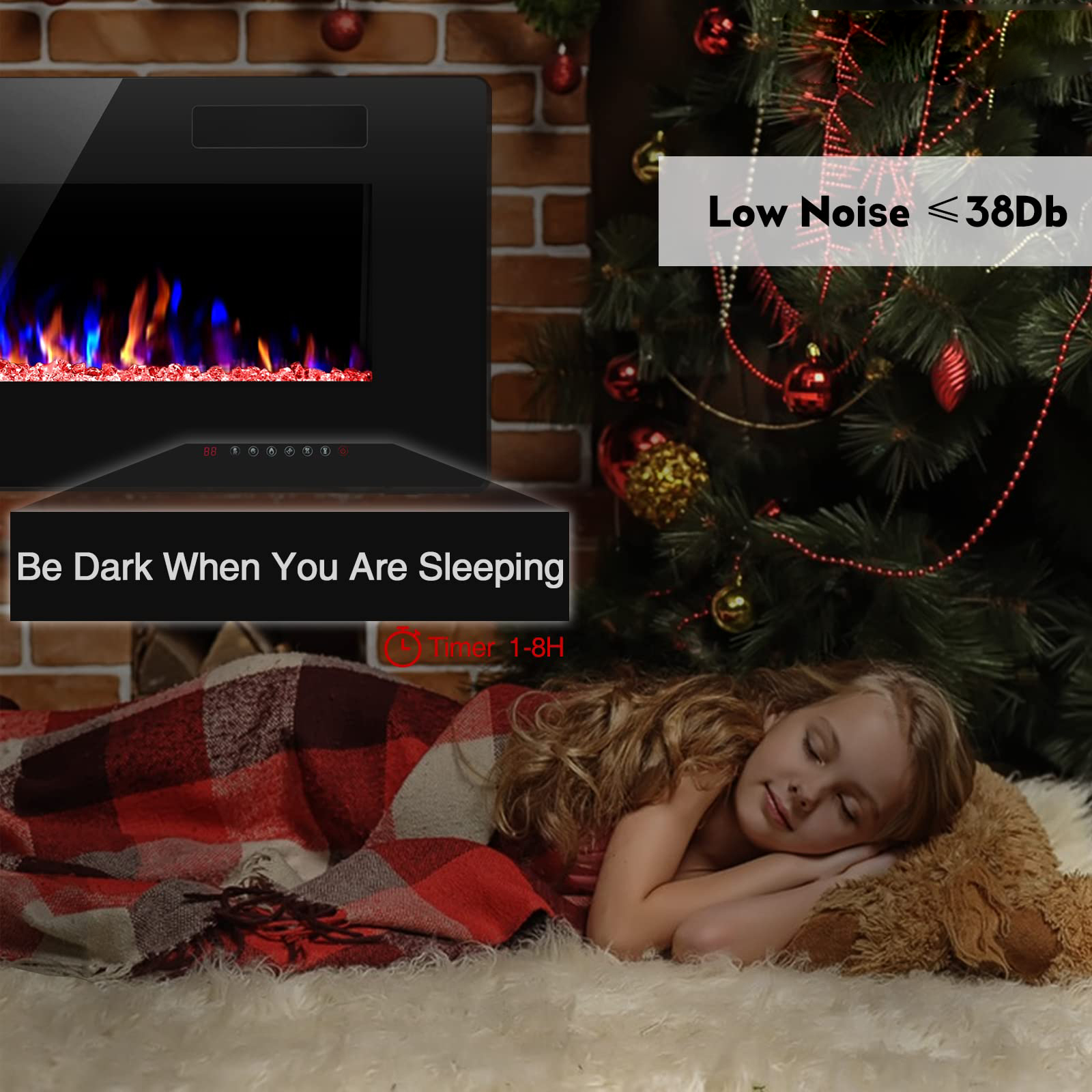 12 Bed Color Mode AJUNION 60 Inch Wall Mounted Silk Screen Printing Electric Fireplace