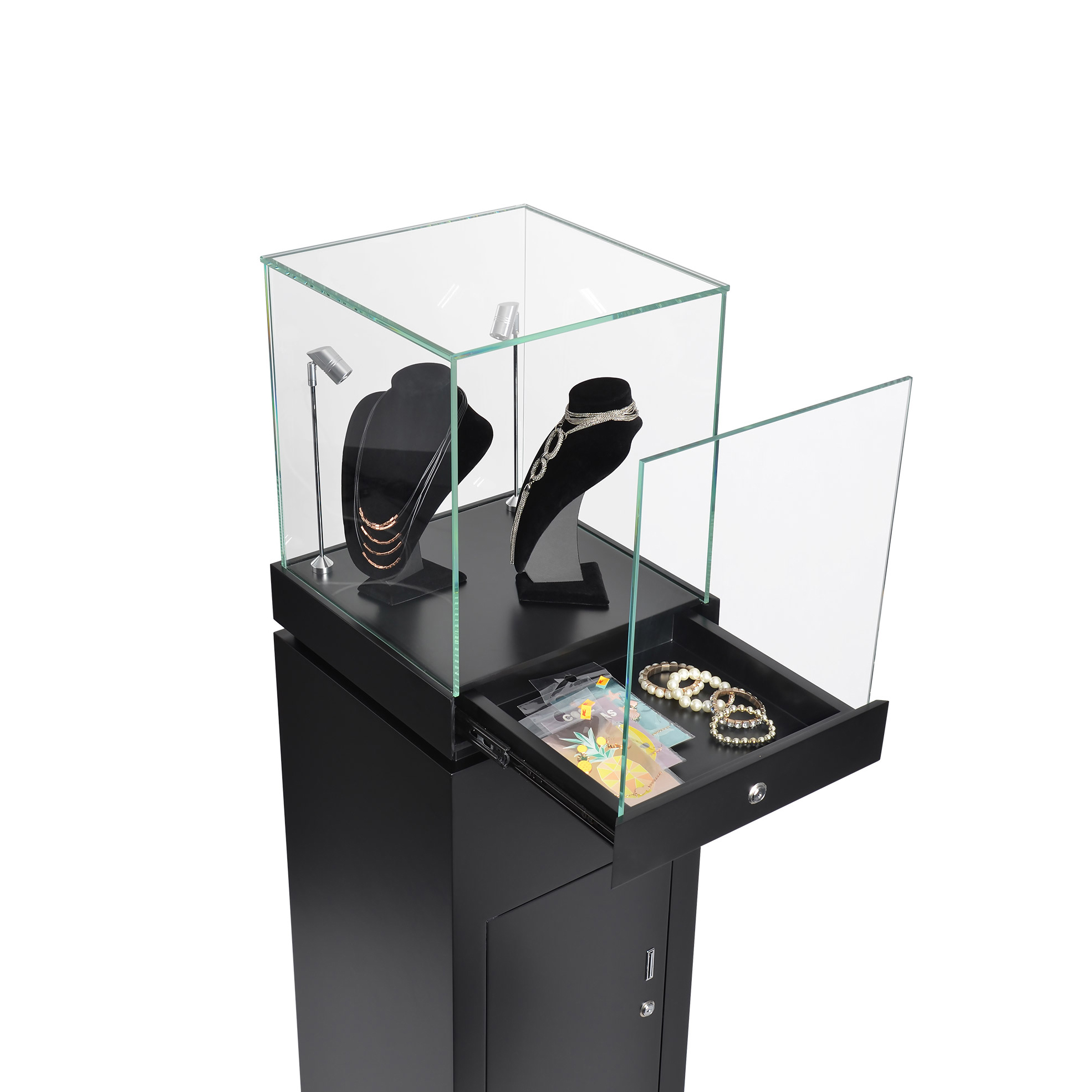 16" Jewelry Pedestal Display Case Pedestal Display Cabinet Locking Drawer LED Spotlights