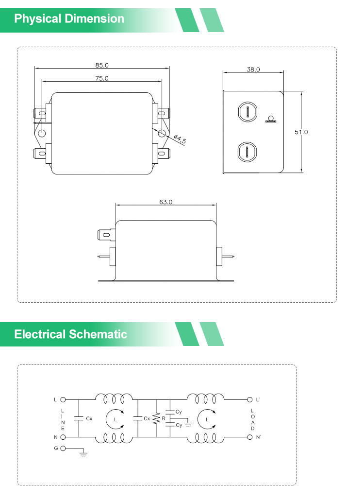 YB-D4 Low Pass EMI EMC Filter 115V 250V Fast On Terminal Single Phase Filter For Office Automation