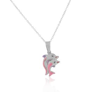 China 925 Sterling Silver 3D Enamel Two Dolphins Couple Charm Pendant Necklace wholesale