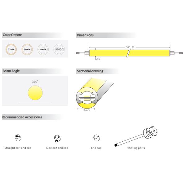 D16mm Dual Side Illumination 360° LED Neon Strip Light 2700K 3000K 4000K 5700K