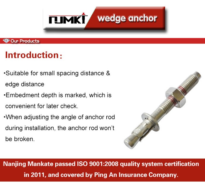 Stainless Steel Concrete Fastening NJMKT Wedge Anchor With M8-M16 Size