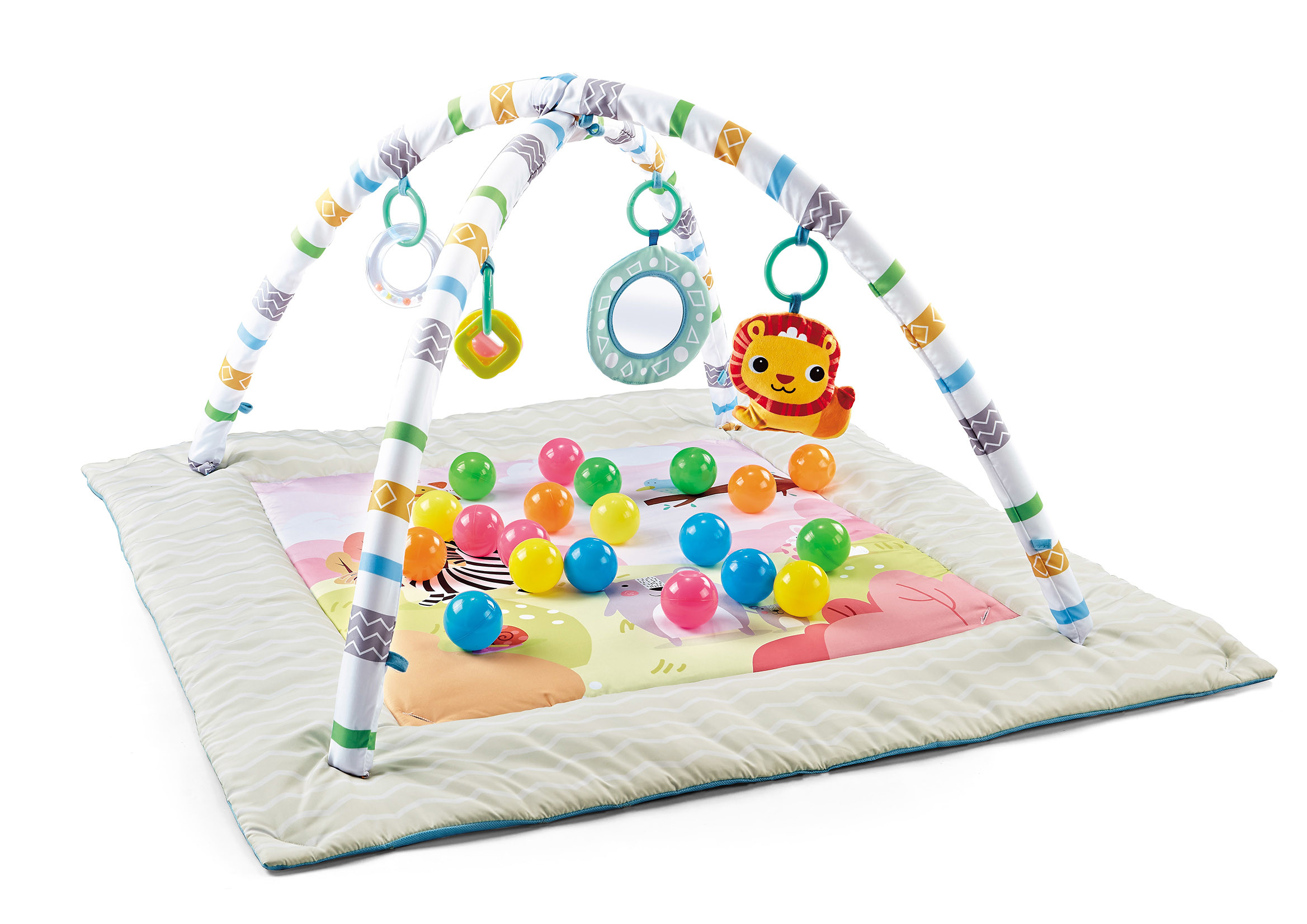 Activity Play Mat & Ball Pit, with High Contrast Toys & Self-Discovery Mirror & Tummy Time Pillow for Sensory and Motor
